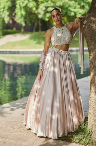 Ash pink satin skirt set
