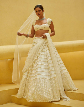 Off-white mirror and pearl drop bridal lehenga set