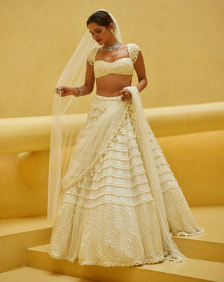 Off-white mirror and pearl drop bridal lehenga set