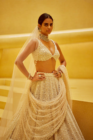 Light beige dense mirror and pearl lehenga set