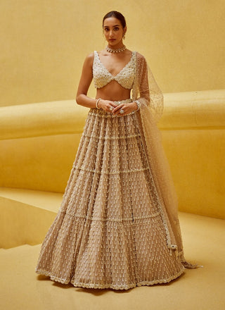 Light beige pearl drop multi tier lehenga set
