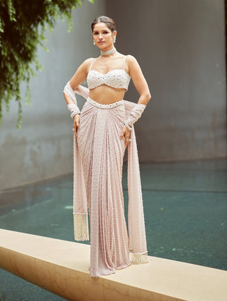 Ash pink pearl scattered draped skirt set