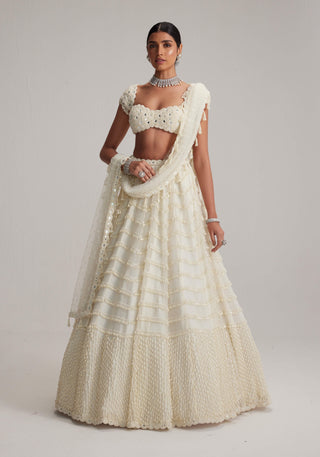 Off-white mirror and pearl drop bridal lehenga set