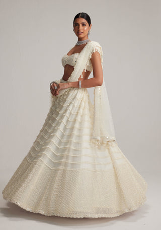 Off-white mirror and pearl drop bridal lehenga set