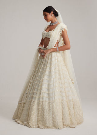 Off-white mirror and pearl drop bridal lehenga set