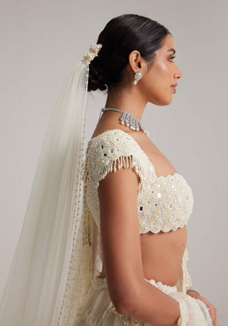Off-white mirror and pearl drop bridal lehenga set
