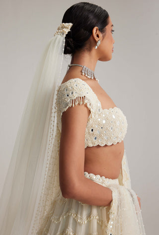 Off-white mirror and pearl drop bridal lehenga set