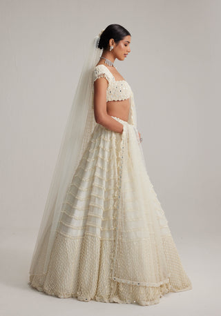 Off-white mirror and pearl drop bridal lehenga set