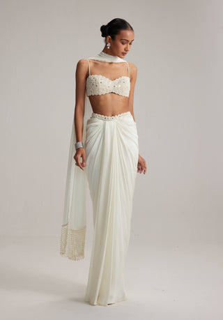 Off-white satin draped skirt set