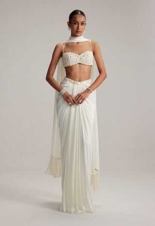 Off-white satin draped skirt set