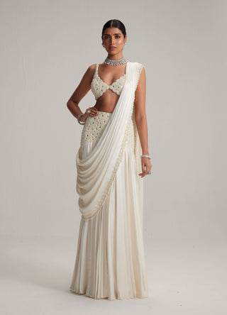 Off-white pearl and mirror satin draped sari set