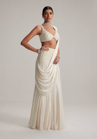 Off-white pearl and mirror satin draped sari set