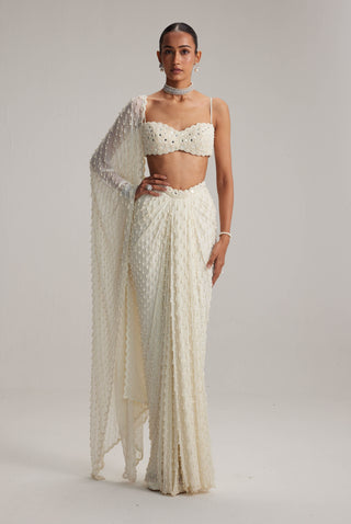 Pearl white dense drop draped skirt set
