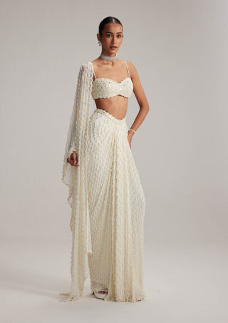 Pearl white dense drop draped skirt set