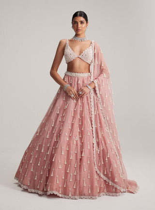 Dusty rose organza long pearl tassels lehenga set
