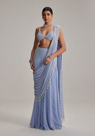 Dew blue linear mirror embroidered draped sari and blouse