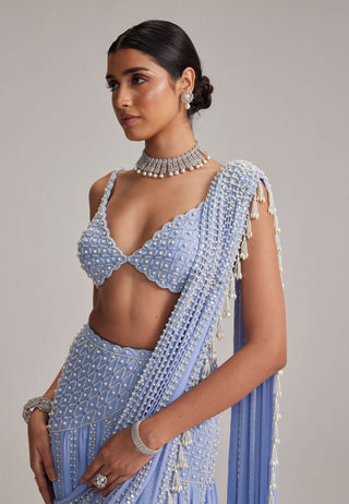 Dew blue linear mirror embroidered draped sari and blouse