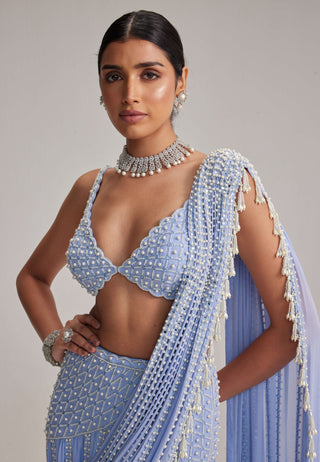 Dew blue linear mirror embroidered draped sari and blouse