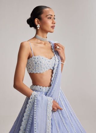 Dew blue linear mirror organza lehenga set