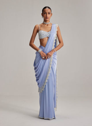 Dew blue satin draped sari and blouse
