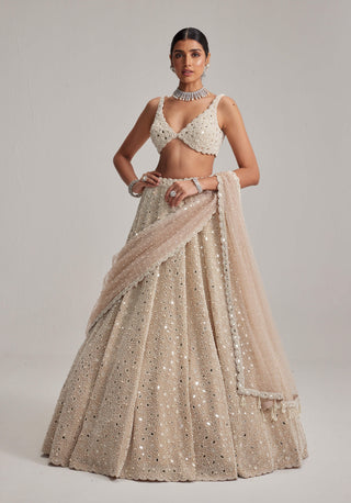 Light beige dense mirror and pearl lehenga set