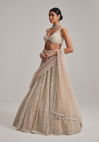 Light beige dense mirror and pearl lehenga set