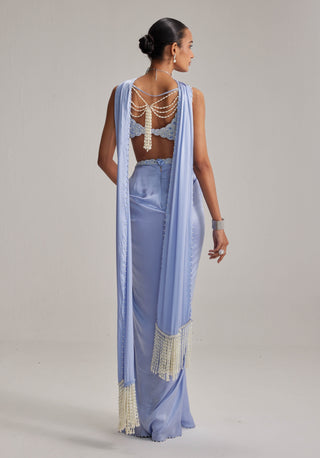 Dew blue satin draped skirt set