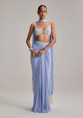 Dew blue satin draped skirt set
