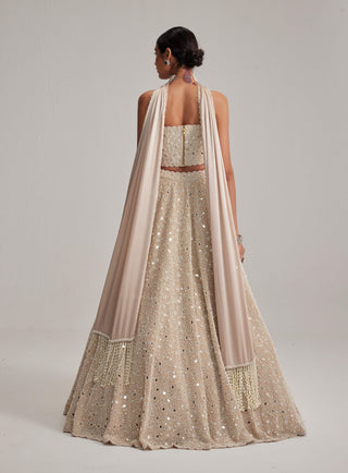 Light beige dense mirror and pearl corset lehenga set