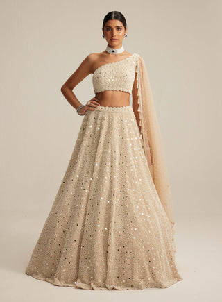 Light beige dense mirror and pearl one shoulder lehenga set