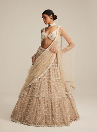 Light beige pearl drop multi tier lehenga set