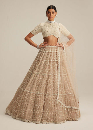 Light beige pearl drop multi tier lehenga set