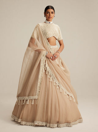 Light beige organza mirror and pearl lehenga set