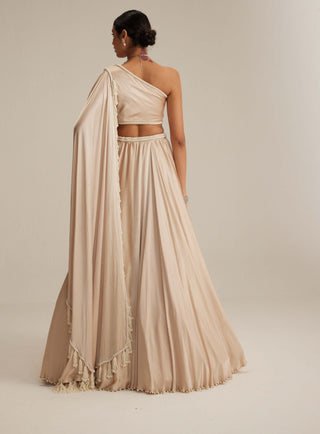 Light beige satin lehenga and attached trail set