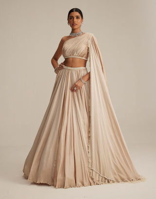 Light beige satin lehenga and attached trail set
