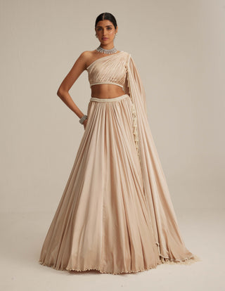 Light beige satin lehenga and attached trail set