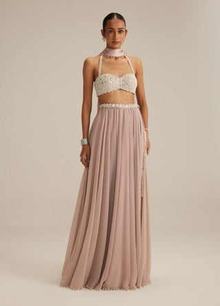 Ash pink georgette skirt with halter blouse and stole