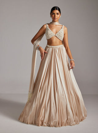 Light beige v-neck blouse and satin skirt set