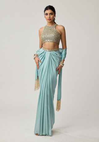 Powder blue satin draped skirt set