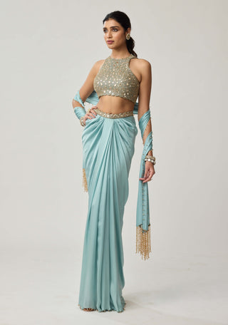 Powder blue satin draped skirt set