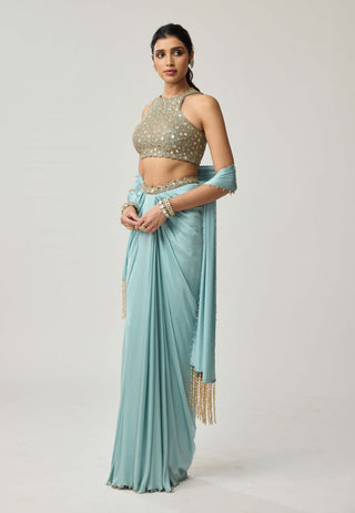 Powder blue satin draped skirt set