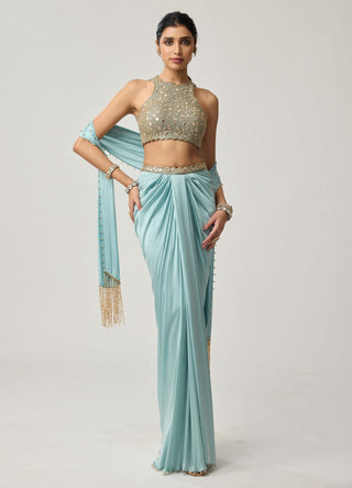 Powder blue satin draped skirt set