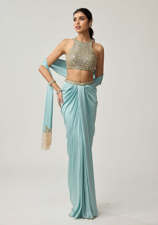 Powder blue satin draped skirt set