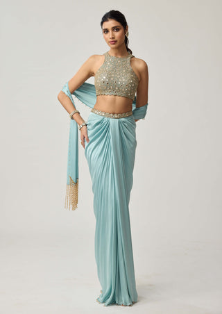 Powder blue satin draped skirt set