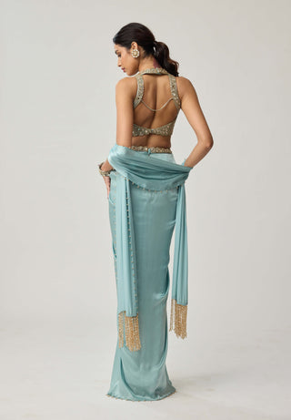 Powder blue satin draped skirt set