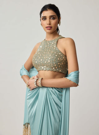 Powder blue satin draped skirt set