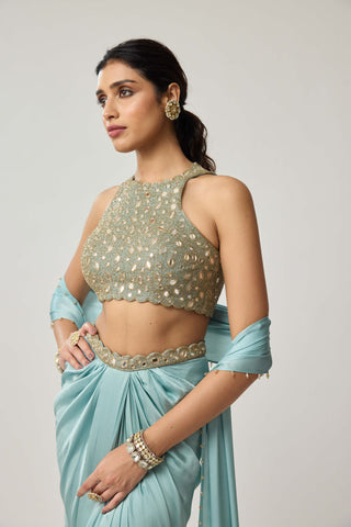 Powder blue satin draped skirt set