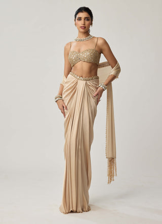 Light beige satin draped skirt set