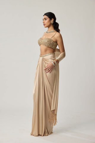 Light beige satin draped skirt set