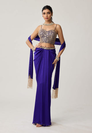 Persian blue satin draped skirt set
